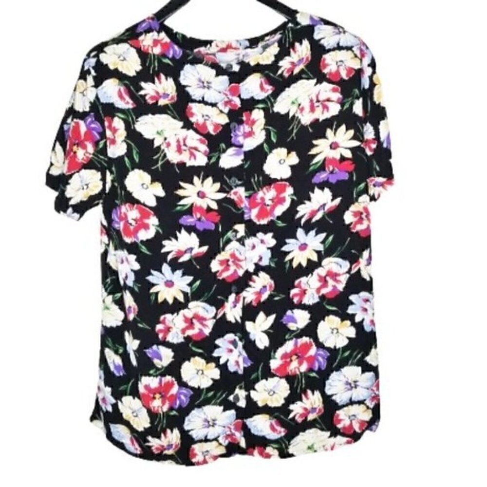 4/$25 VTG 70s 80s Liz Claiborne Black Floral Top